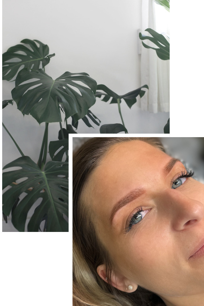 Woman with ombre powder brows and plant decor
